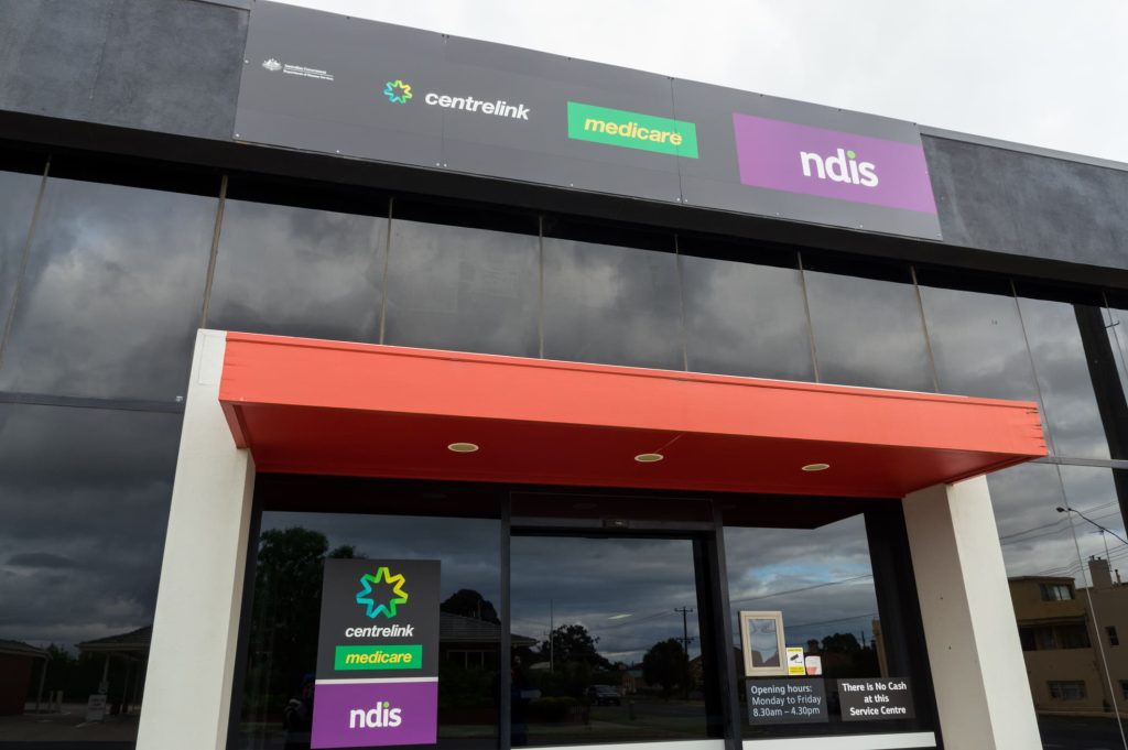Centrelink and Medicare service center displaying NDIS signage, emphasizing support for individuals with disabilities under the National Disability Insurance Scheme.