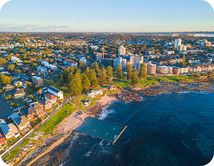 Aerial view of Cronulla showcasing coastal landscape, residential areas, and community facilities, highlighting Ability to Achieve's service area in South Sydney.