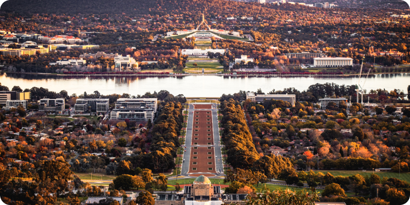 Panoramic view of Canberra's landmarks including the Australian War Memorial, Parliament House, and the surrounding landscape, showcasing the city’s inclusive community values and commitment to empowerment.