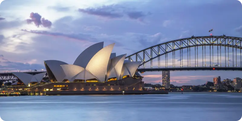 Sydney Opera House and Sydney Harbour Bridge at dusk, showcasing iconic architecture and waterfront views in a vibrant cityscape.