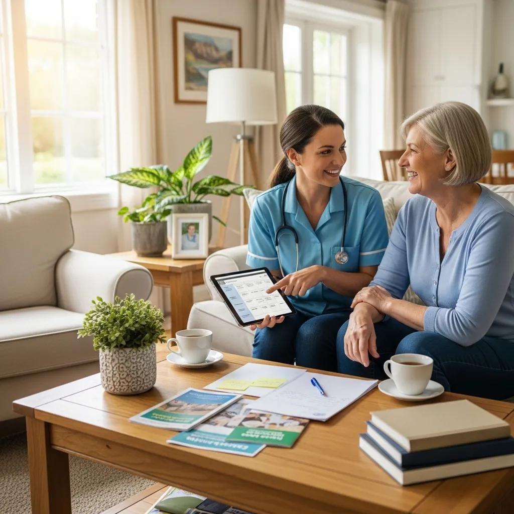 Personal care assistant engaging with elderly client in home setting, discussing care options on tablet, promoting independence and support in familiar environment.