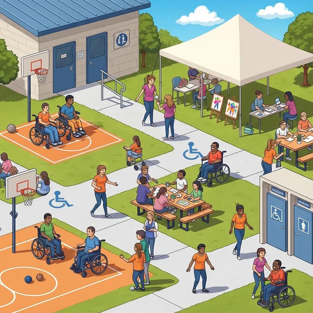 Community access program scene with individuals in wheelchairs participating in sports, social activities, and creative workshops, promoting inclusion and disability support.