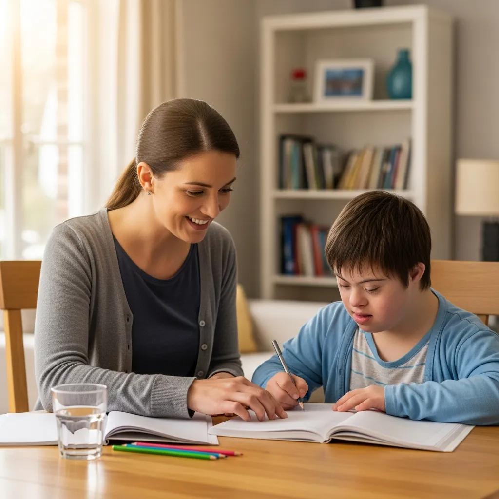 Woman assisting child with learning in a home setting, highlighting personalized support and empowerment in disability services.
