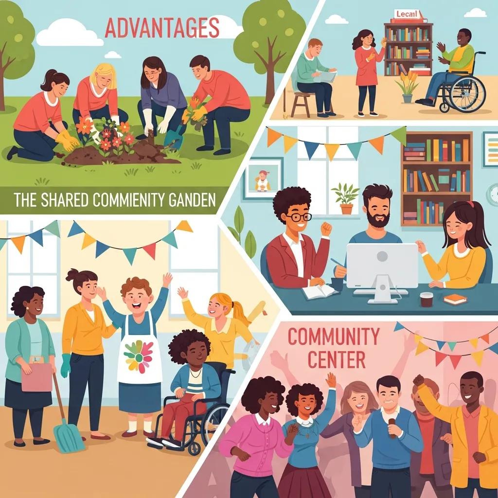 Illustration depicting community integration activities: individuals gardening, engaging in discussions at a community center, and participating in group activities, emphasizing social inclusion and support for disabled individuals through community access programs.