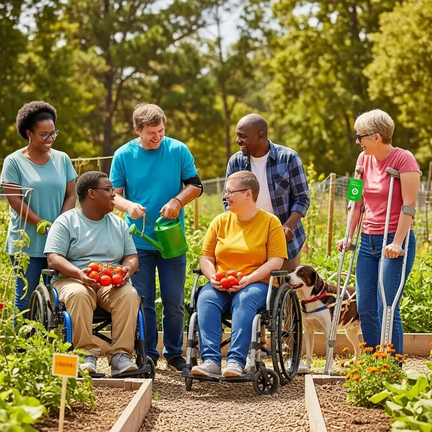 Group of diverse individuals with disabilities in a community garden, engaging in gardening activities, showcasing independence and teamwork, highlighting disability empowerment and support services.