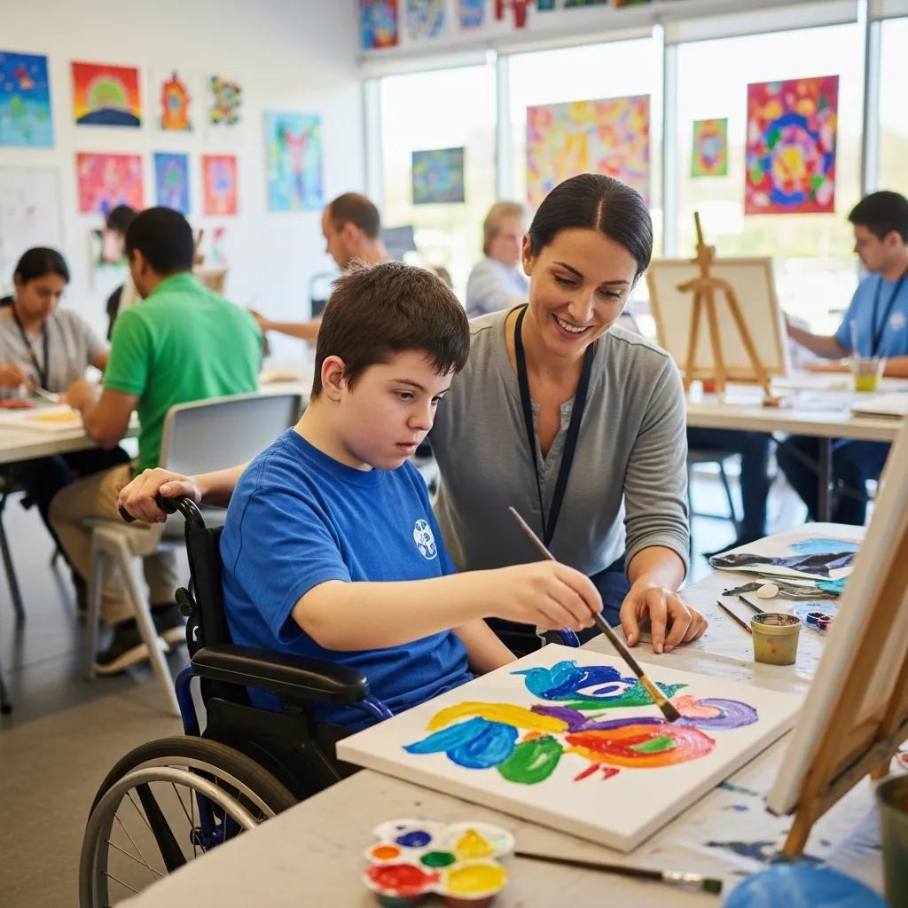 Child in wheelchair painting with assistance from an adult in a supportive art class, showcasing community participation and skill development for individuals with disabilities.
