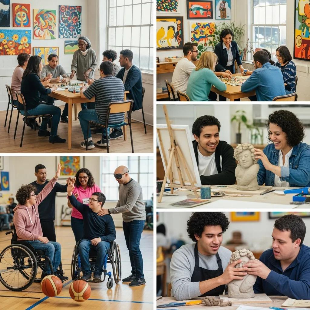 Group of individuals engaging in community activities, including board games, arts and crafts, and social interactions, highlighting NDIS community participation and support for individuals with disabilities.