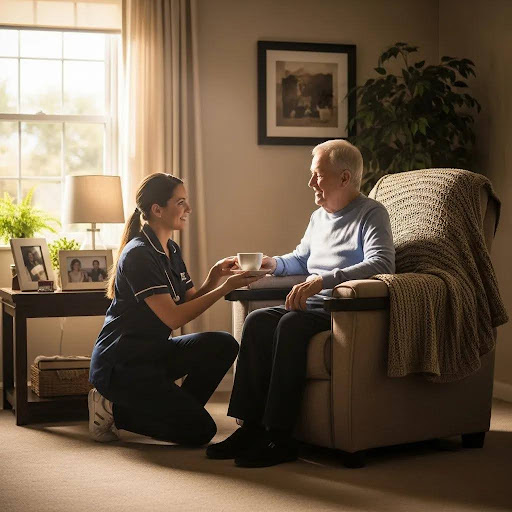 Personal care assistant offering support to elderly man in a cozy home setting, emphasizing daily living assistance and companionship.