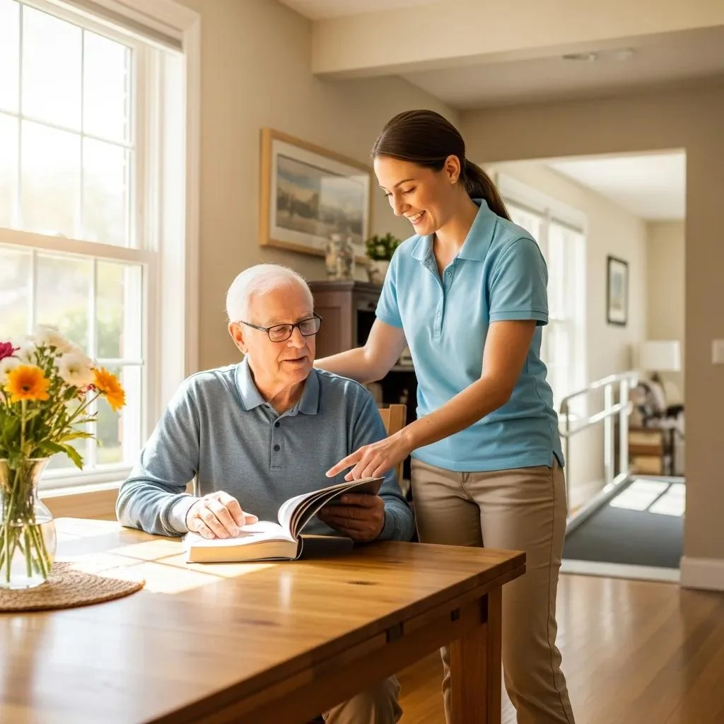 Senior man engaging with caregiver over a book at home, illustrating supportive independent living and person-centered care in a comfortable setting.