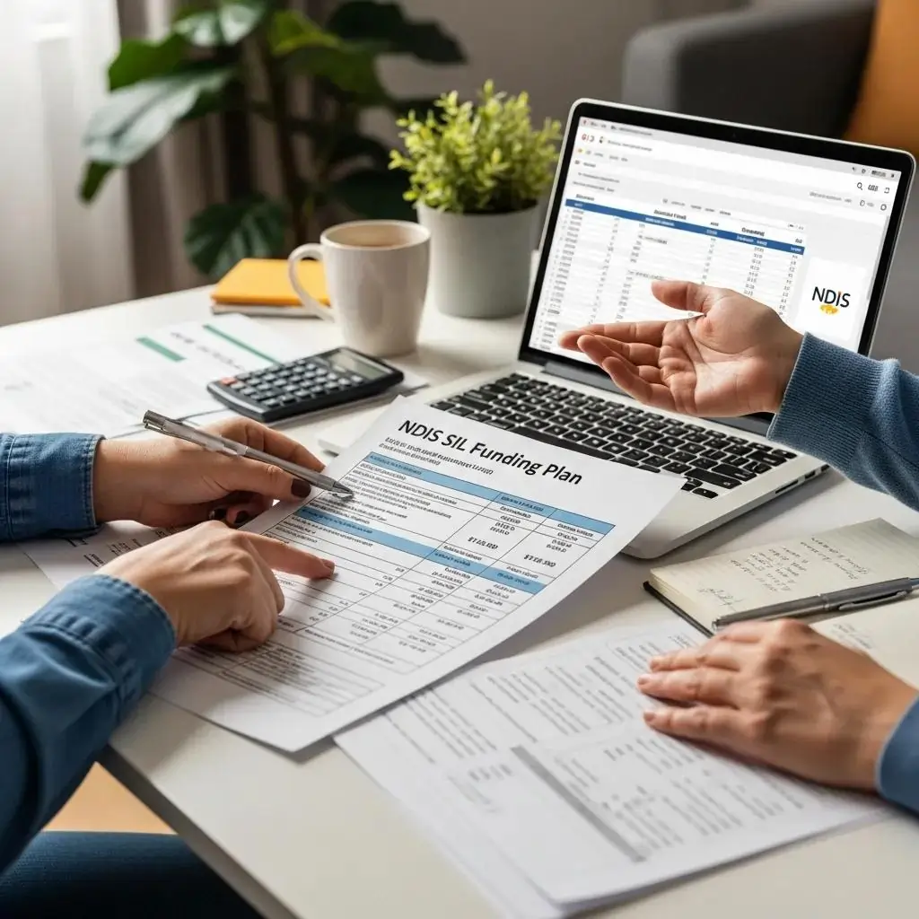 Hands discussing NDIS SIL Funding Plan with documents and laptop in a home office setting, highlighting financial planning for disability support services.
