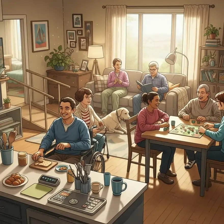 Group of diverse individuals engaging in activities in a warm, inviting living space, illustrating community and support in a Supported Independent Living environment.