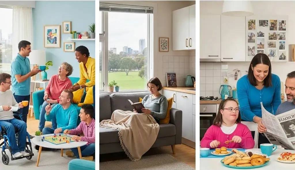 Diverse group of individuals engaging in social activities and daily living, showcasing Supported Independent Living (SIL) and Individualised Living Options (ILO) for NDIS participants, emphasizing community, interaction, and quality of life.