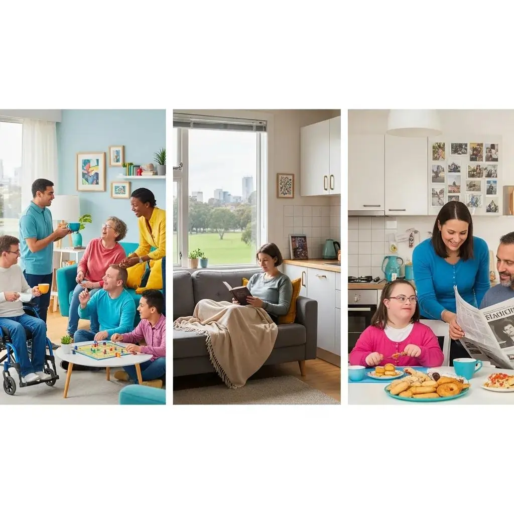 Group of diverse individuals engaging in social activities, enjoying snacks and games, with one person reading on a couch, illustrating supportive independent living environments for NDIS participants.
