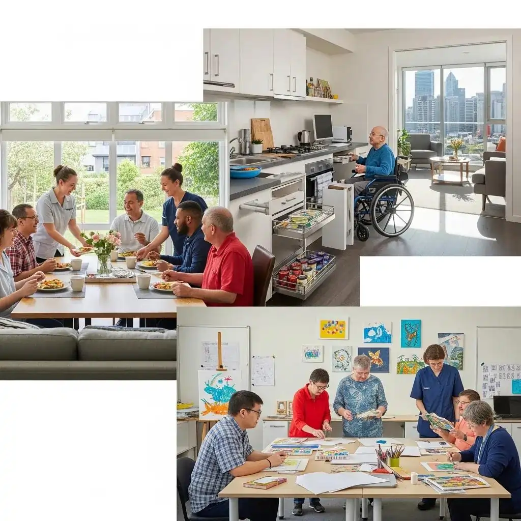 Individuals engaging in communal dining and activities in a supportive living environment, showcasing independence and social interaction, relevant to NDIS Individualised Living Options.