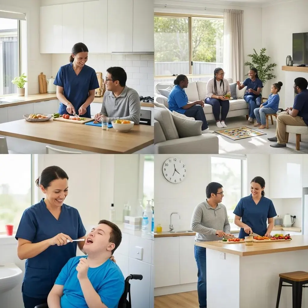 Caregiver assisting individuals in a kitchen setting, preparing food and engaging in activities, highlighting NDIS supported living services for independence and quality of life.